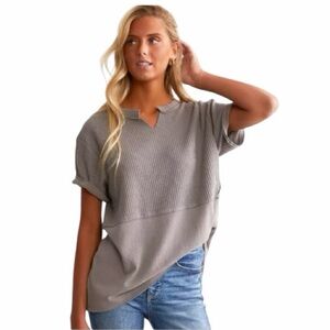 BKE Waffle Knit Split Neck Top | Sz S | EUC | Oversized Raw Edge